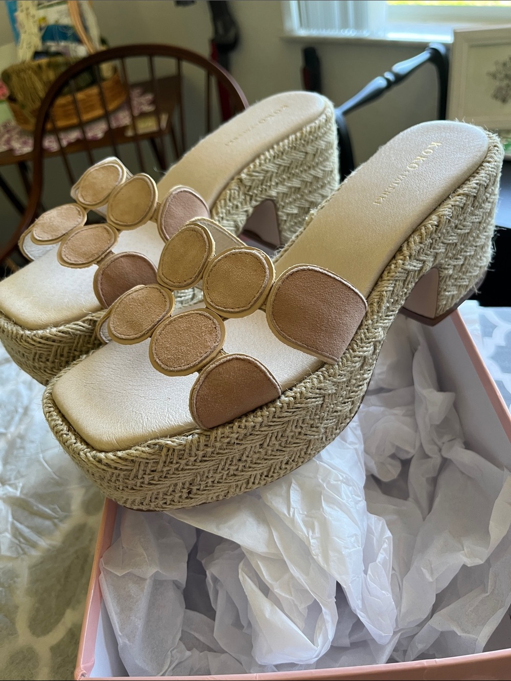 Size8 NIB KOKO + Palenki Nude  and Cream Platform Espadrille Mules